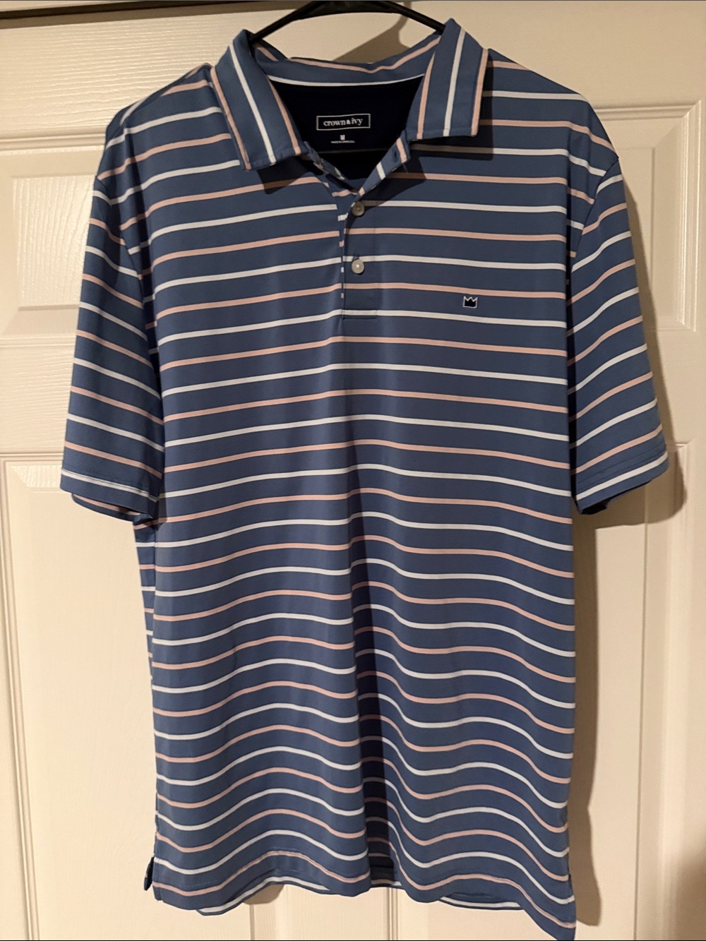 crown & ivy Men’s Blue Polo with White & Tan Stripes